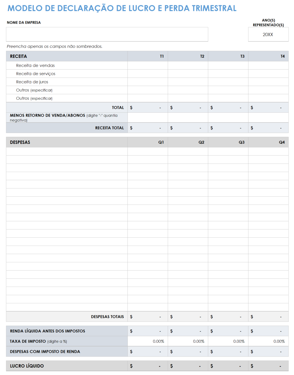  modelo de demonstração trimestral de lucros e perdas