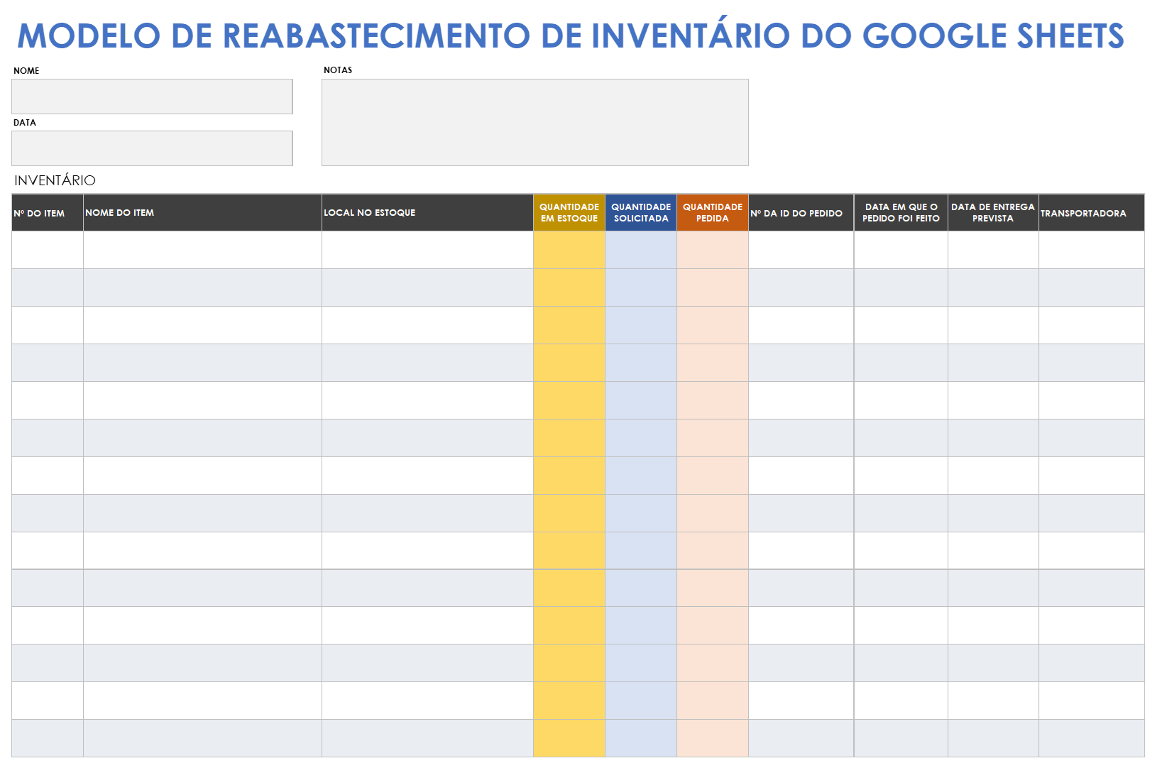  Modelo de reabastecimento de inventário do Planilhas Google