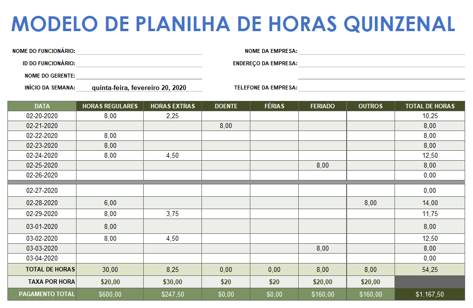 Modelo de planilha de horas quinzenal