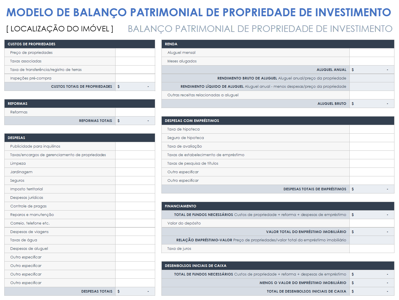 Modelo de balanço patrimonial de propriedade de investimento