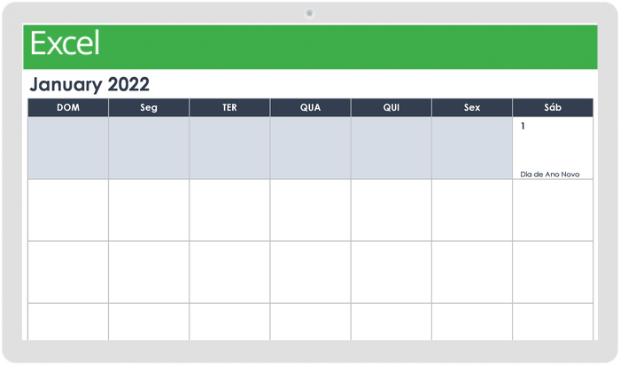 Modelo de paisagem de calendário mensal imprimível 2022