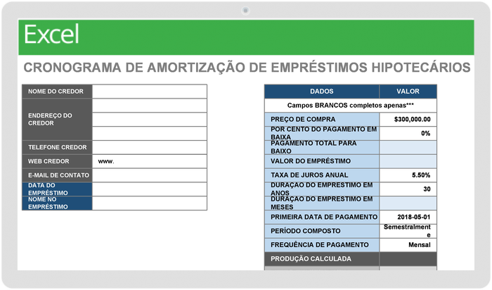 Modelo de Cronograma de Calculadora de Empréstimo Hipotecário