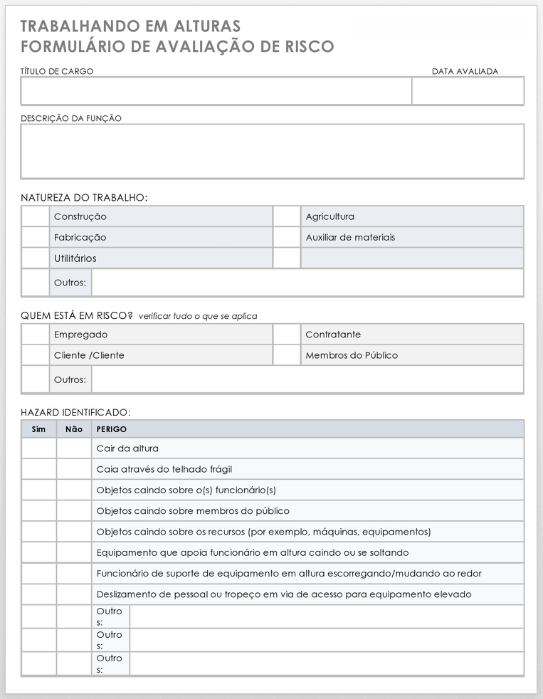 formulário de avaliação de risco de trabalho em altura